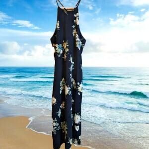 Soprano small Navy blue floral spaghetti strap dress. Party, cruise fall/winter